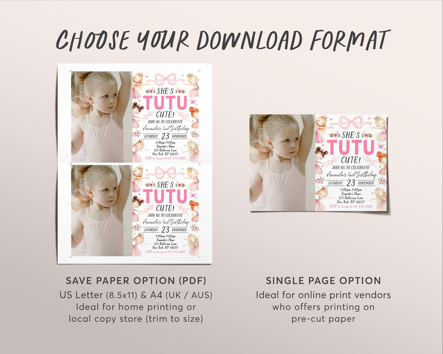 Tutu Cute 2nd Birthday Invitation With Photo Editable Template, Our Little Ballerina Second Birthday Invite, Pink Ballet Dance Floral Evite