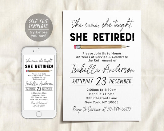 Teacher Retirement Party Invitation Editable Template