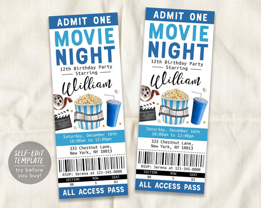 Movie Birthday Ticket Invitation Editable Template