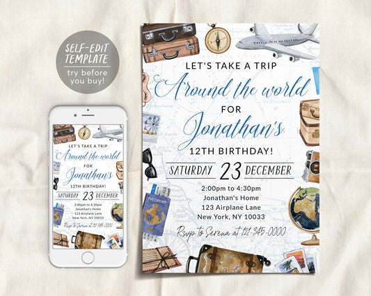 Around The World Birthday Invitation Editable Template