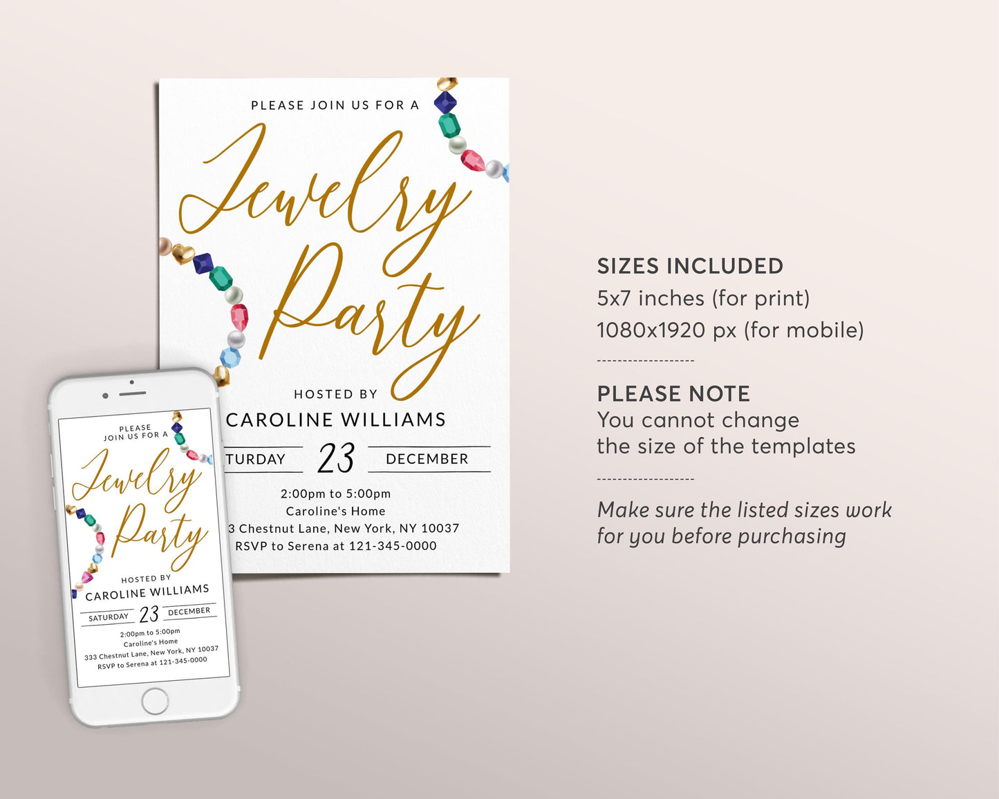 Jewelry Party Invitation Editable Template, Jewelry Making Workshop Invite, Jewellery Exchange Bracelet Beads Gems Stones Evite Printable