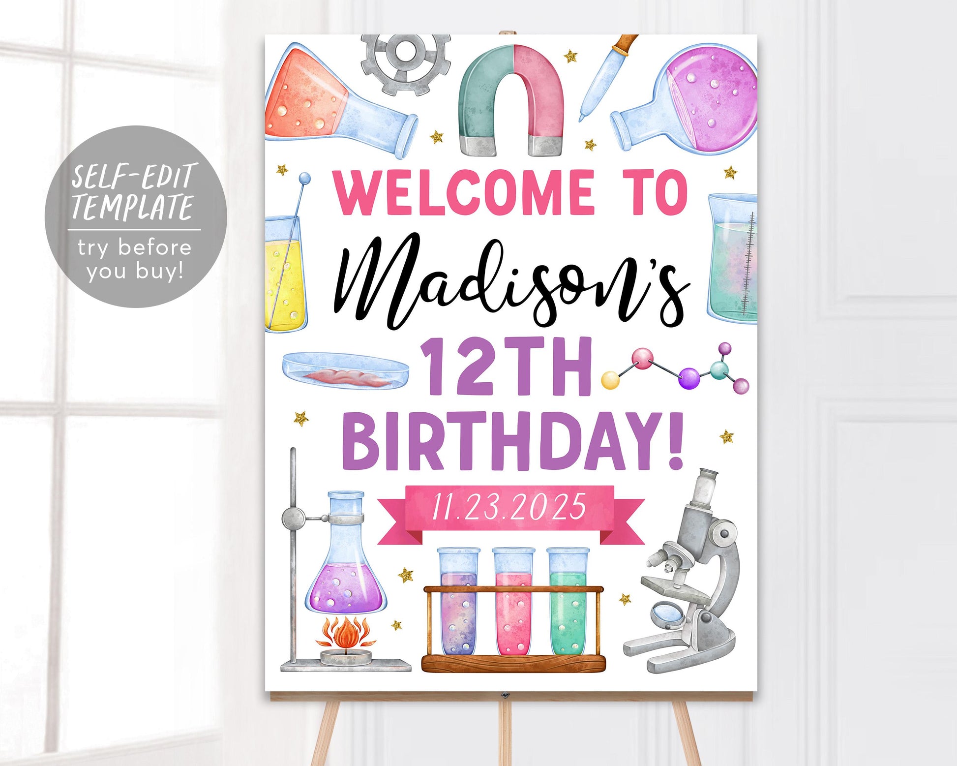 Science Theme Birthday Welcome Sign Editable Template, Girl Birthday E ...