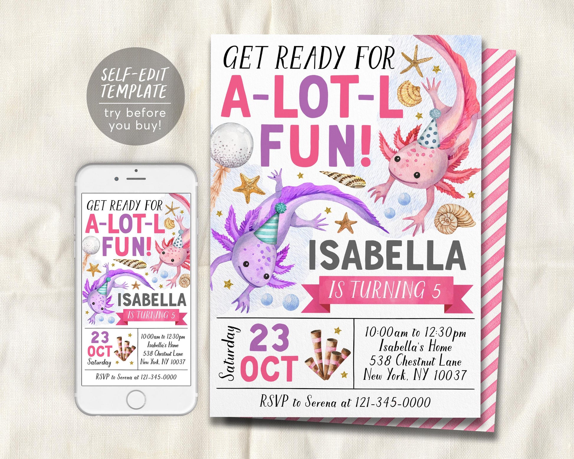 Axolotl Birthday Invitation Editable Template