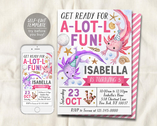 Axolotl Birthday Invitation Editable Template