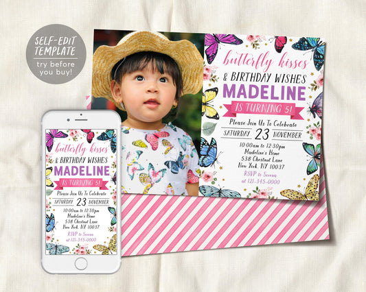 Butterfly Birthday Invitation With Photo Editable Template
