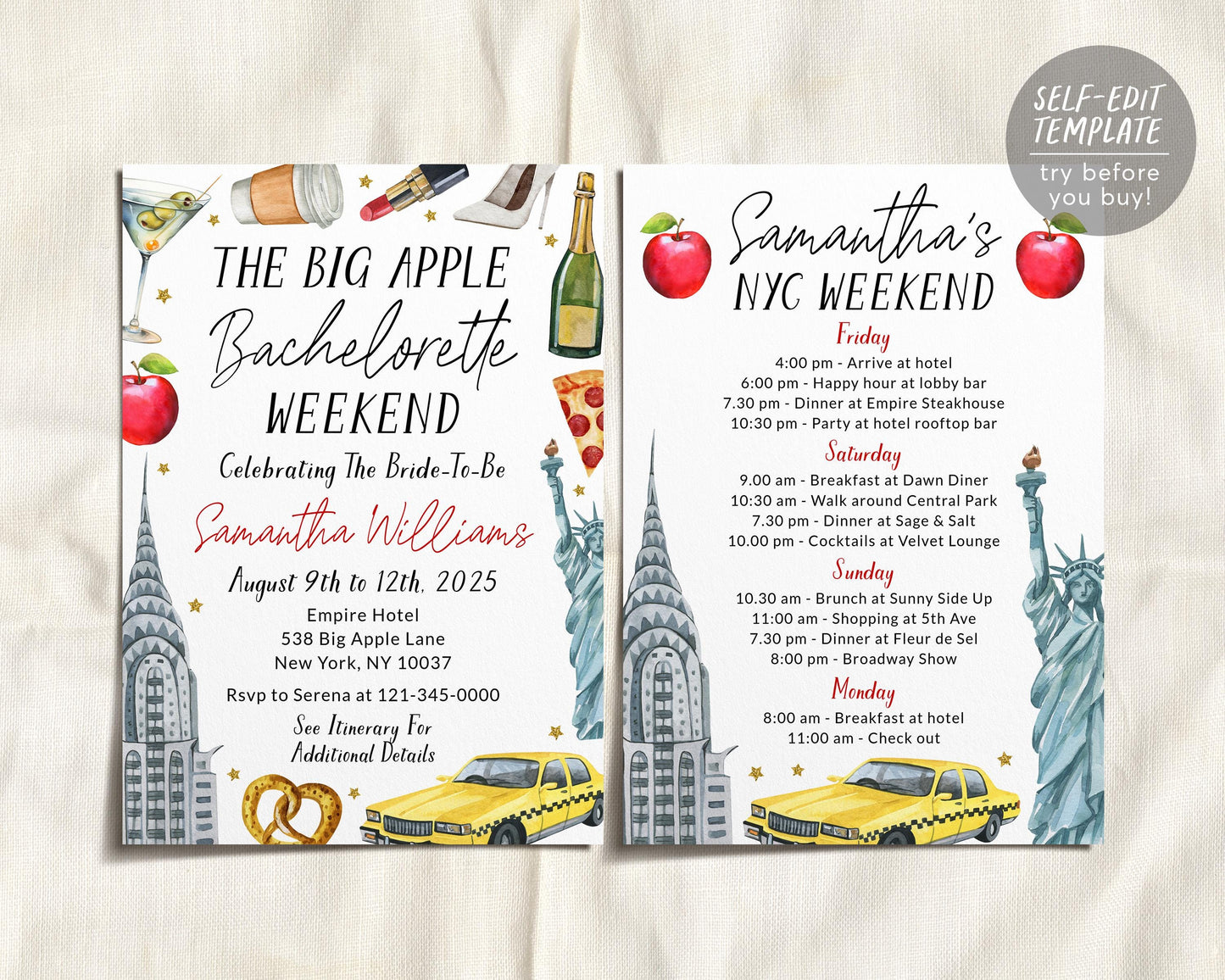 New York Bachelorette Itinerary And Invitation Editable Template