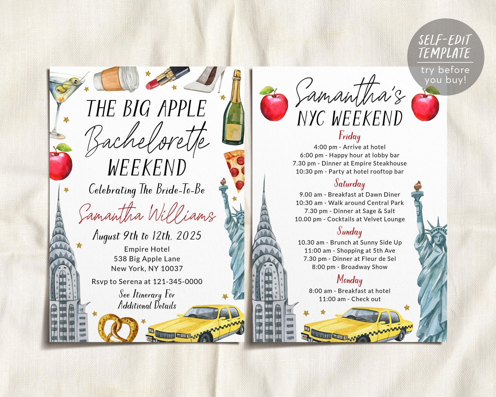 New York Bachelorette Itinerary And Invitation Editable Template