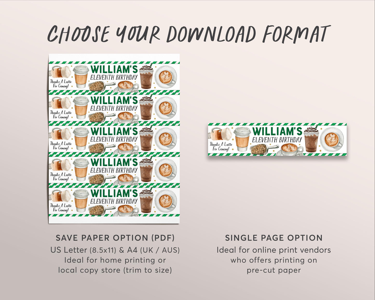 Coffee Shop Water Bottle Labels Editable Template, Latte Fun Frappy Birthday Party Bottle Wrapper Drink Tags, Cafe Frappuccino Frappe Wrap