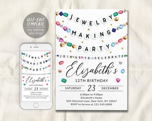 Jewelry Making Party Birthday Invitation Editable Template