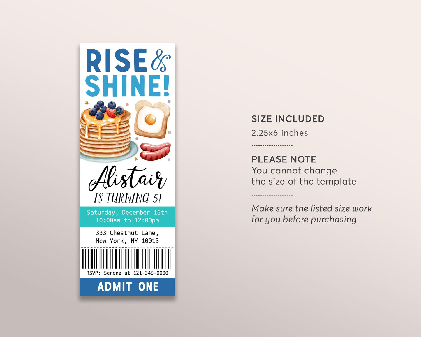 Breakfast Brunch Birthday Ticket Invitation Editable Template, Kids Boy Rise and Shine Party Evite, Pancakes And Pajamas Ticket Printable