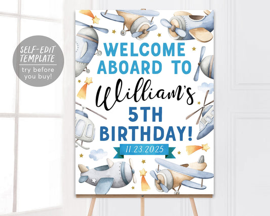 Airplane Birthday Party Welcome Sign Editable Template