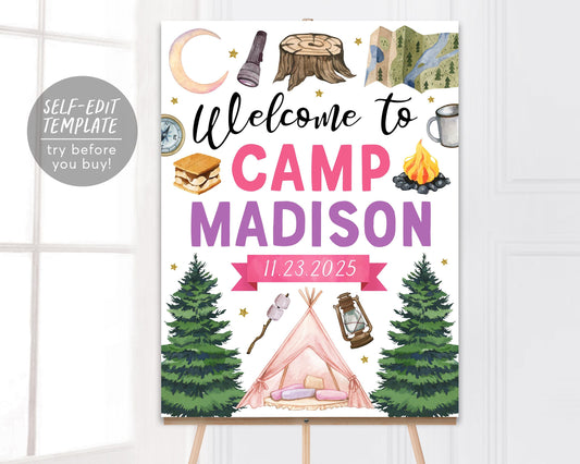 Camping Party Welcome Sign Editable Template