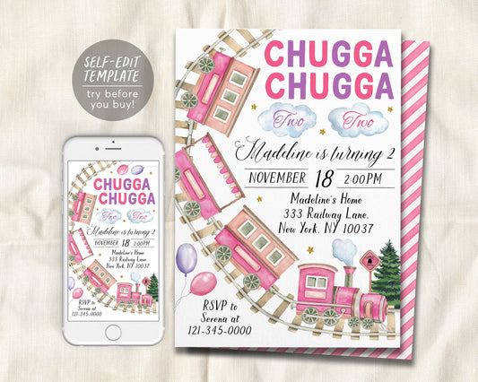 Chugga Chugga Two Two Train Birthday Invitation Editable Template