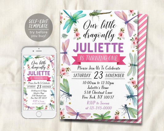 Dragonfly Birthday Invitation Editable Template