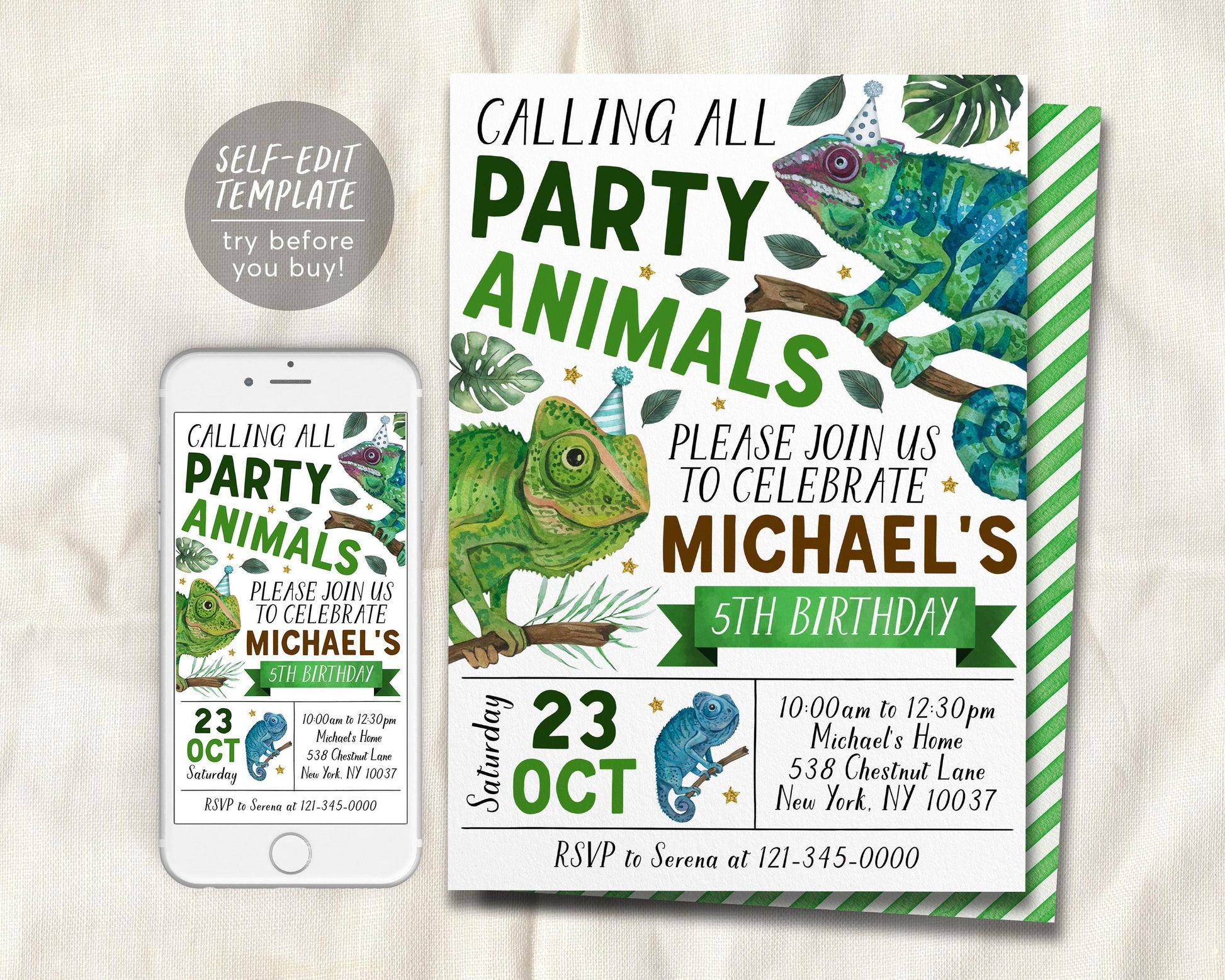 Chameleon Birthday Invitation Editable Template