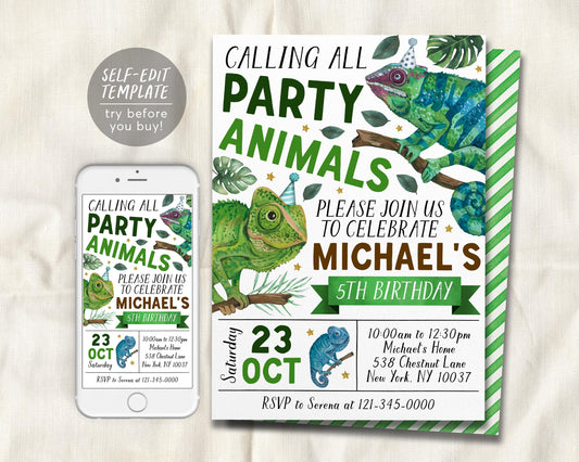 Chameleon Birthday Invitation Editable Template