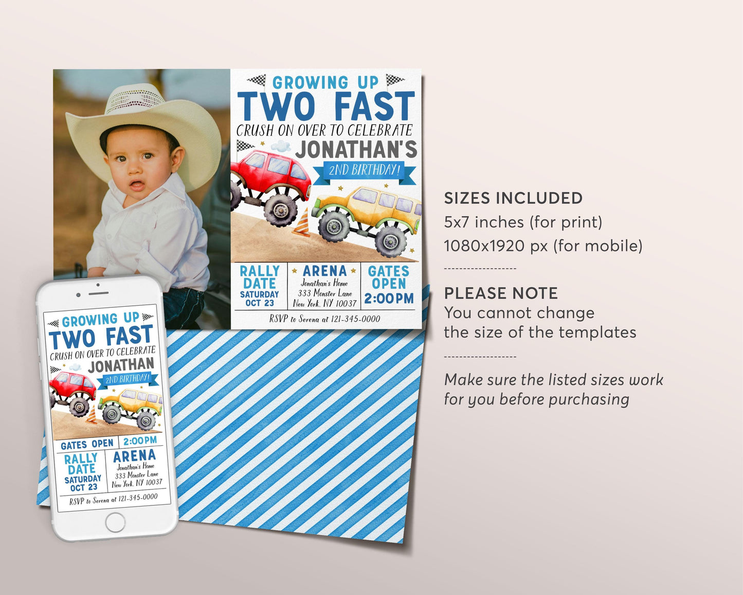Monster Truck 2nd Birthday Invitation With Photo Editable Template, Growing Up Two Fast Party Bash Invite, Crush On Over Second Birthday