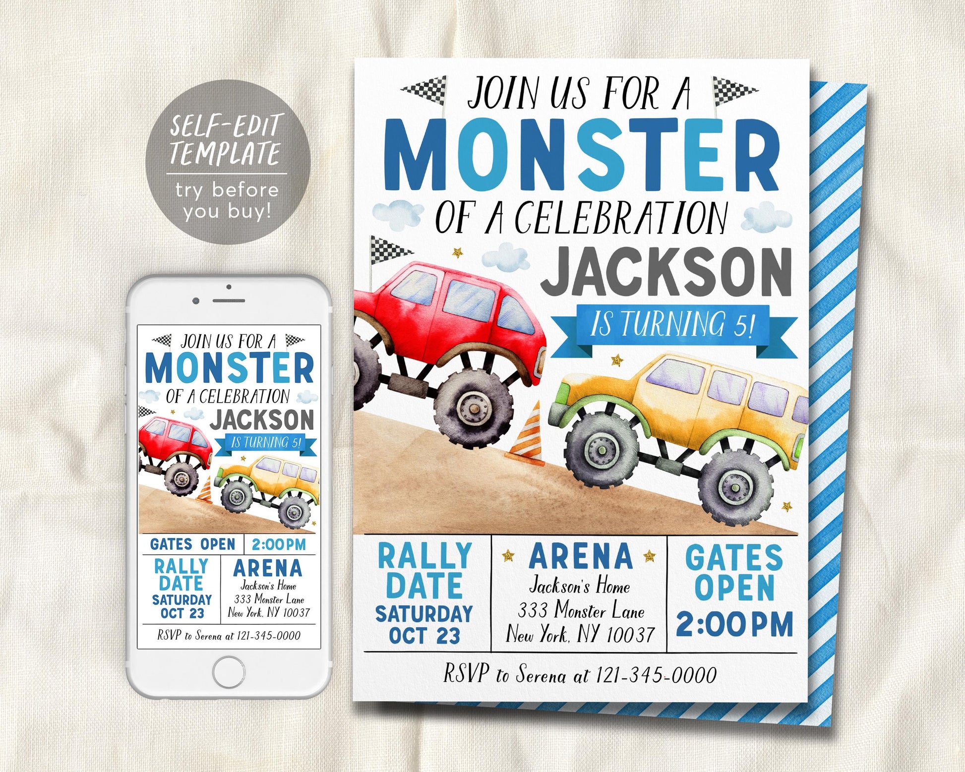 Monster Truck Birthday Invitation Editable Template