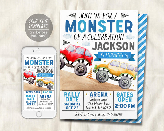 Monster Truck Birthday Invitation Editable Template