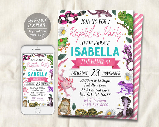 Reptiles Birthday Invitation Editable Template