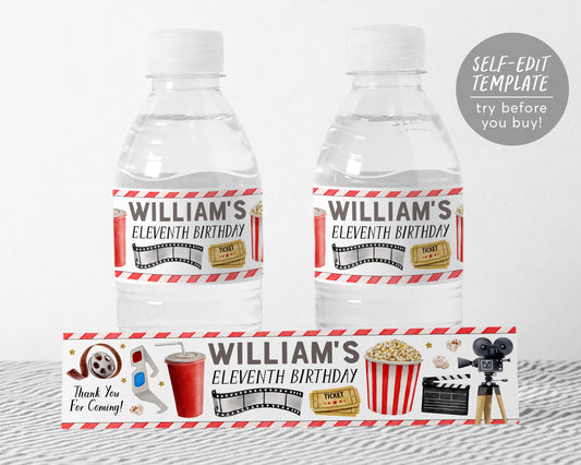 Movie Night Party Water Bottle Labels Editable Template