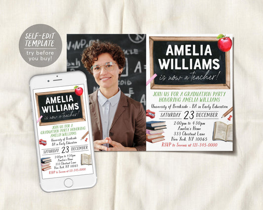 Teacher Graduation Invitation With Photo Editable Template