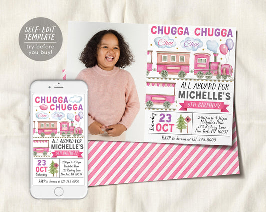 Train Birthday Invitation With Photo Editable Template