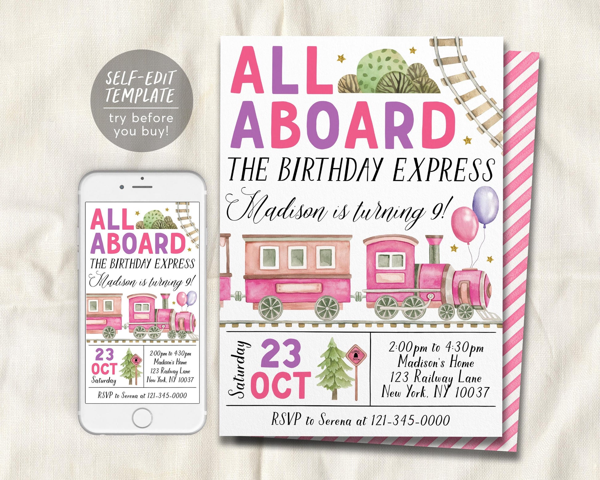 Train Birthday Invitation Editable Template