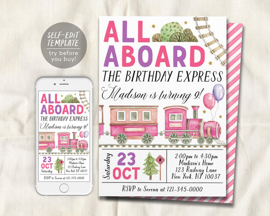 Train Birthday Invitation Editable Template