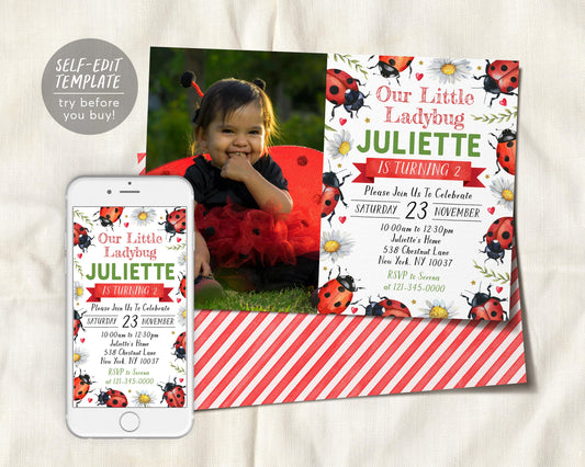Ladybug Birthday Invitation With Photo Editable Template