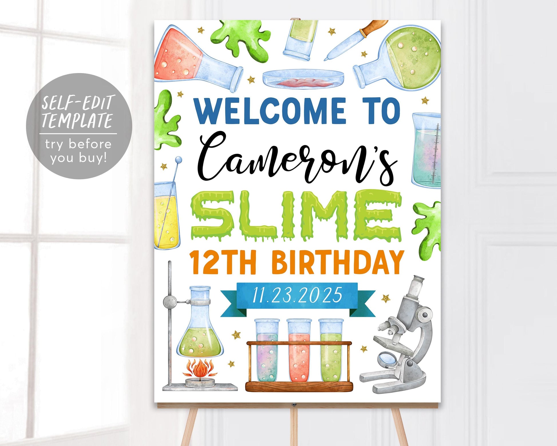 Science Slime Theme Birthday Welcome Sign Editable Template