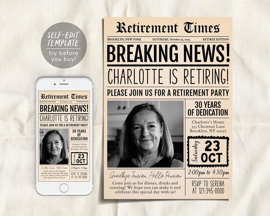 Retirement Newspaper Invitation Editable Template
