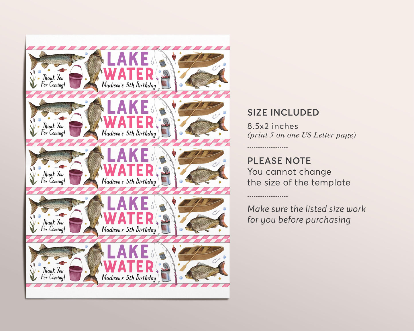 Fishing Water Bottle Labels Editable Template, Girl O-Fish-Ally One Birthday Party Drink Wrapper Tags, Lake Water Reel Fisherman Bottle Wrap