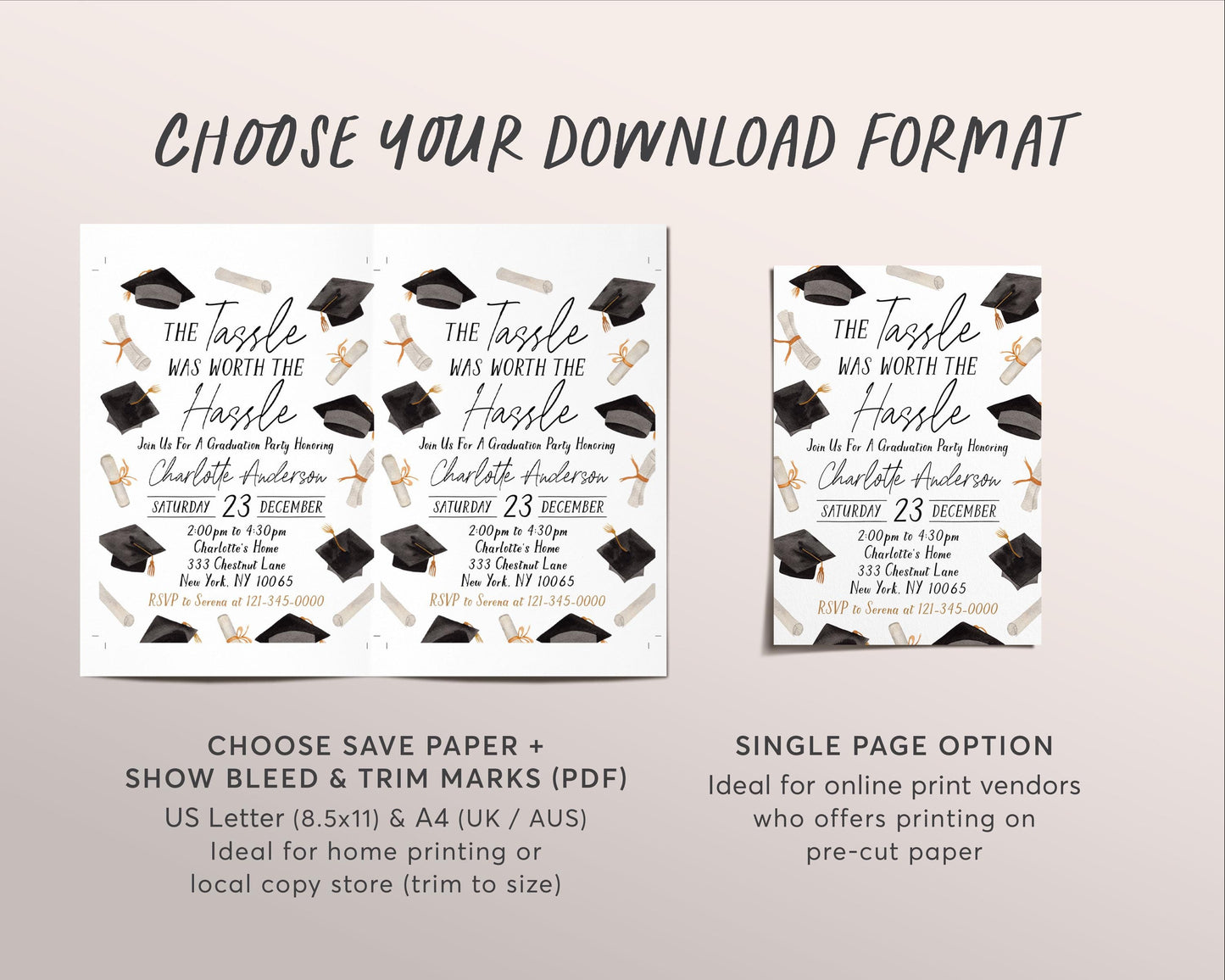 Graduation Invitation Editable Template, Tassel Was Worth The Hassle Grad Announcement Party Invite for Him Her Unisex, College High School