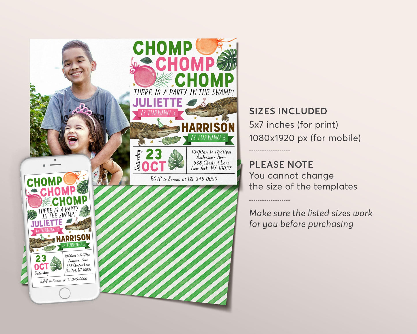 Crocodile Joint Siblings Birthday Invitation With Photo Editable Template, Boy Girl Twins Chomp Chomp Party Invite, Alligator Swamp Evite