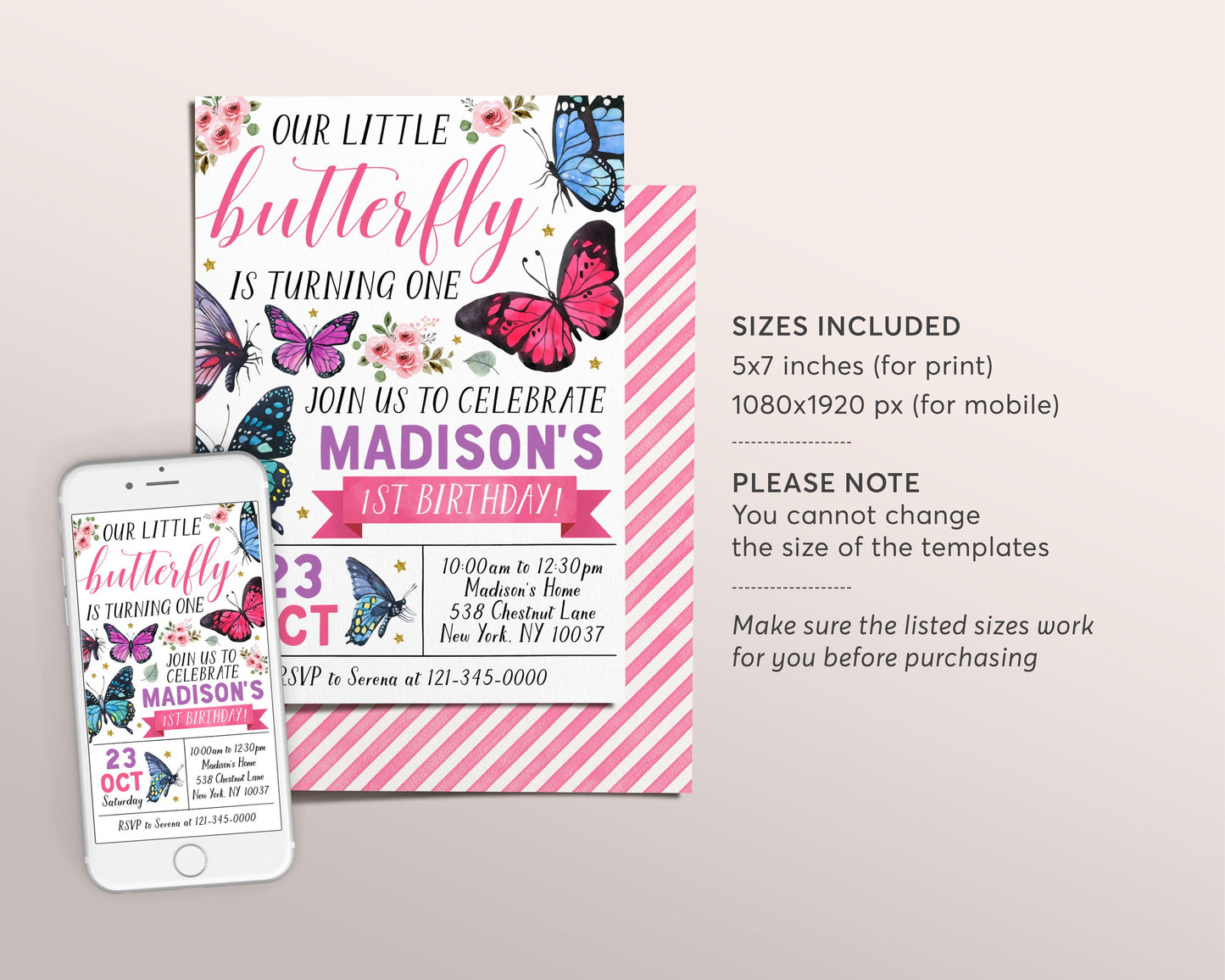 Little Butterfly Birthday Invitation Editable Template, Girl Floral Butterflies Party Invite, Kids Butterfly Garden Nature Evite Printable