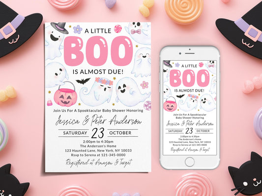 Halloween Baby Shower Invitation, A Little Boo Is Almost Due Template, Fall October Sprinkle Invite For Baby Girl Printable BSHP01