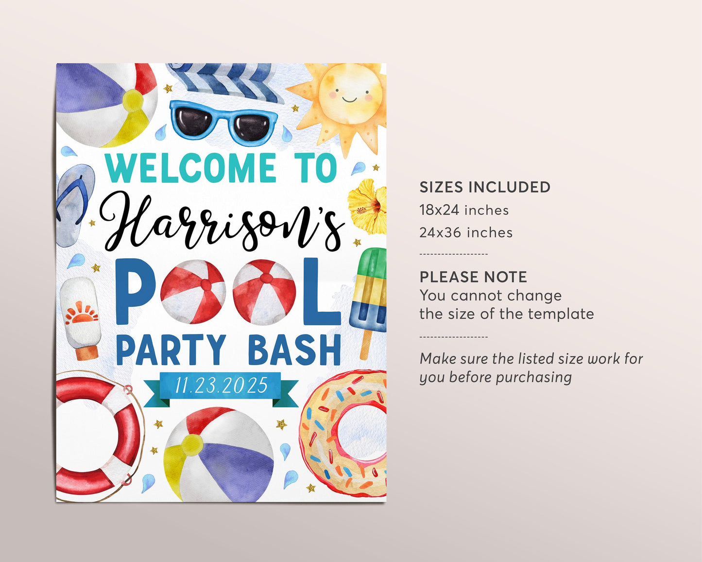 Pool Party Birthday Welcome Sign Editable Template, Boy Summer Tropical Swimming Pool Party Bash Poster, Splish Splash End Of School Decor