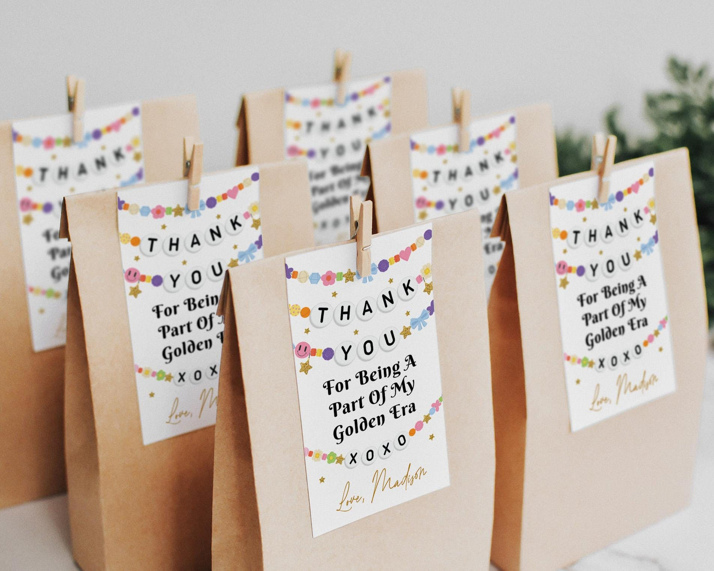 Golden Era Friendship Bracelet Favor Tags Editable Template, Girl Eras In My Birthday Era Party Thank You Treat Bag, Music Party Gift Tag