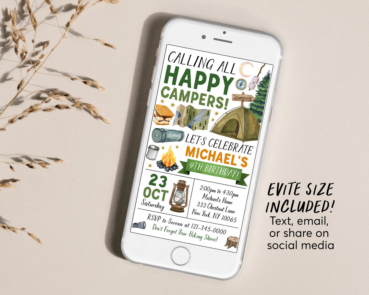 Camping Birthday Invitation Editable Template, Outdoor Camp Out Party Invite, Unisex Camp Checklist, Kids Rustic Tent Sleepover Hiking Evite