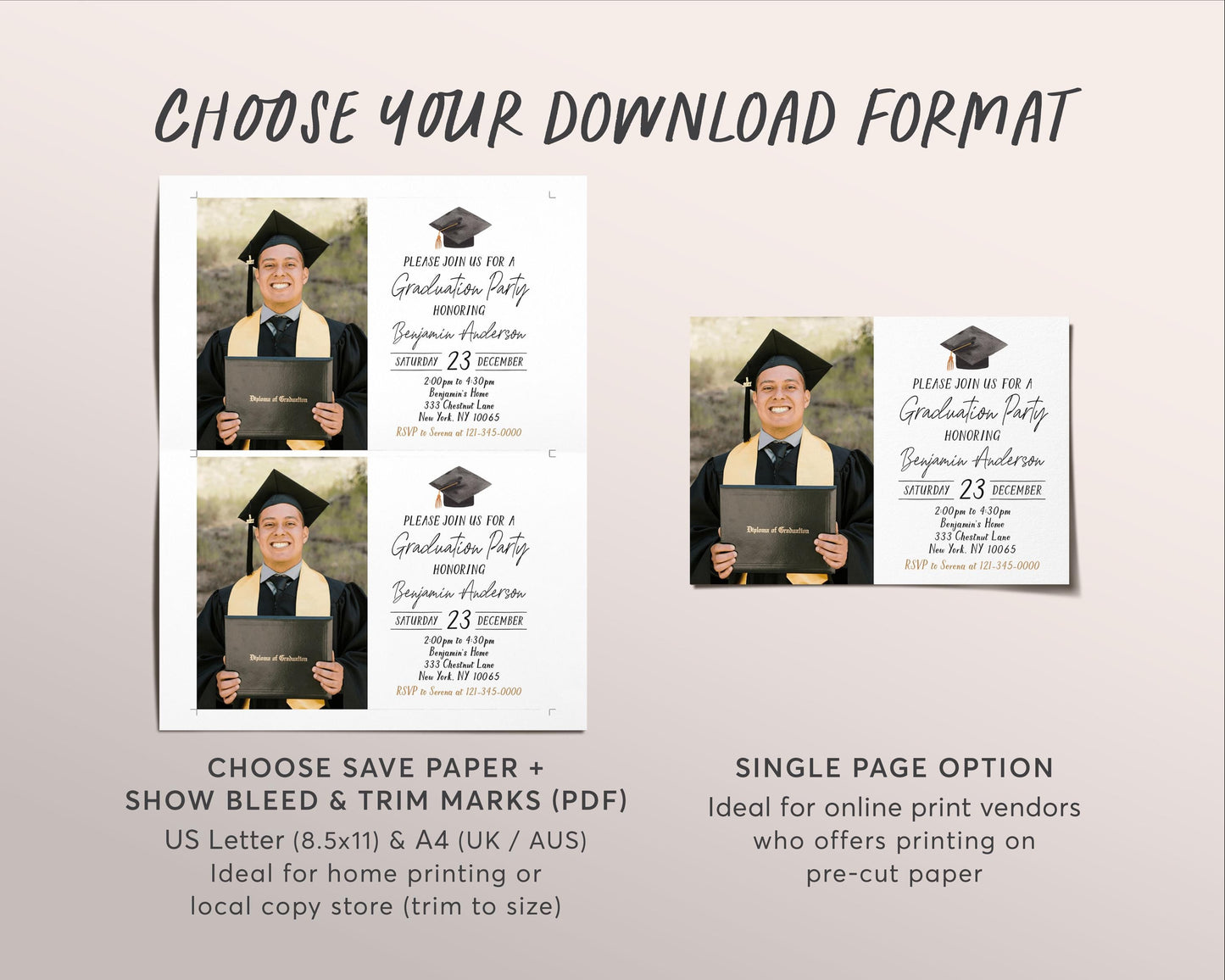 Graduation Invitation With Photo Editable Template, Grad Announcement Party Invite Him Her, Minimalist Grad Party College High School Evite