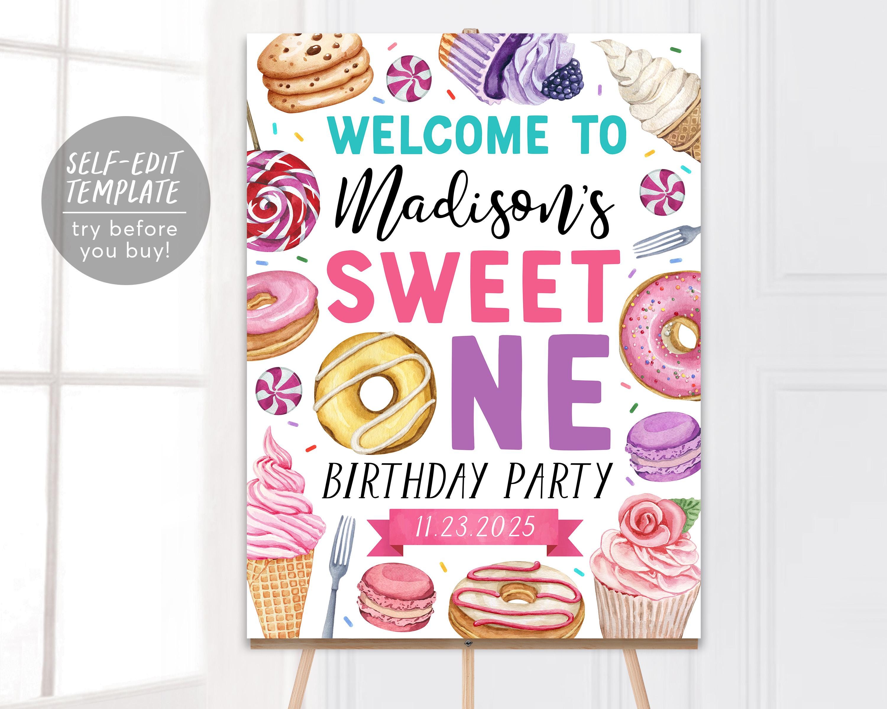 Sweet One Birthday Welcome Sign Editable Template, Girl Donut First Bi ...