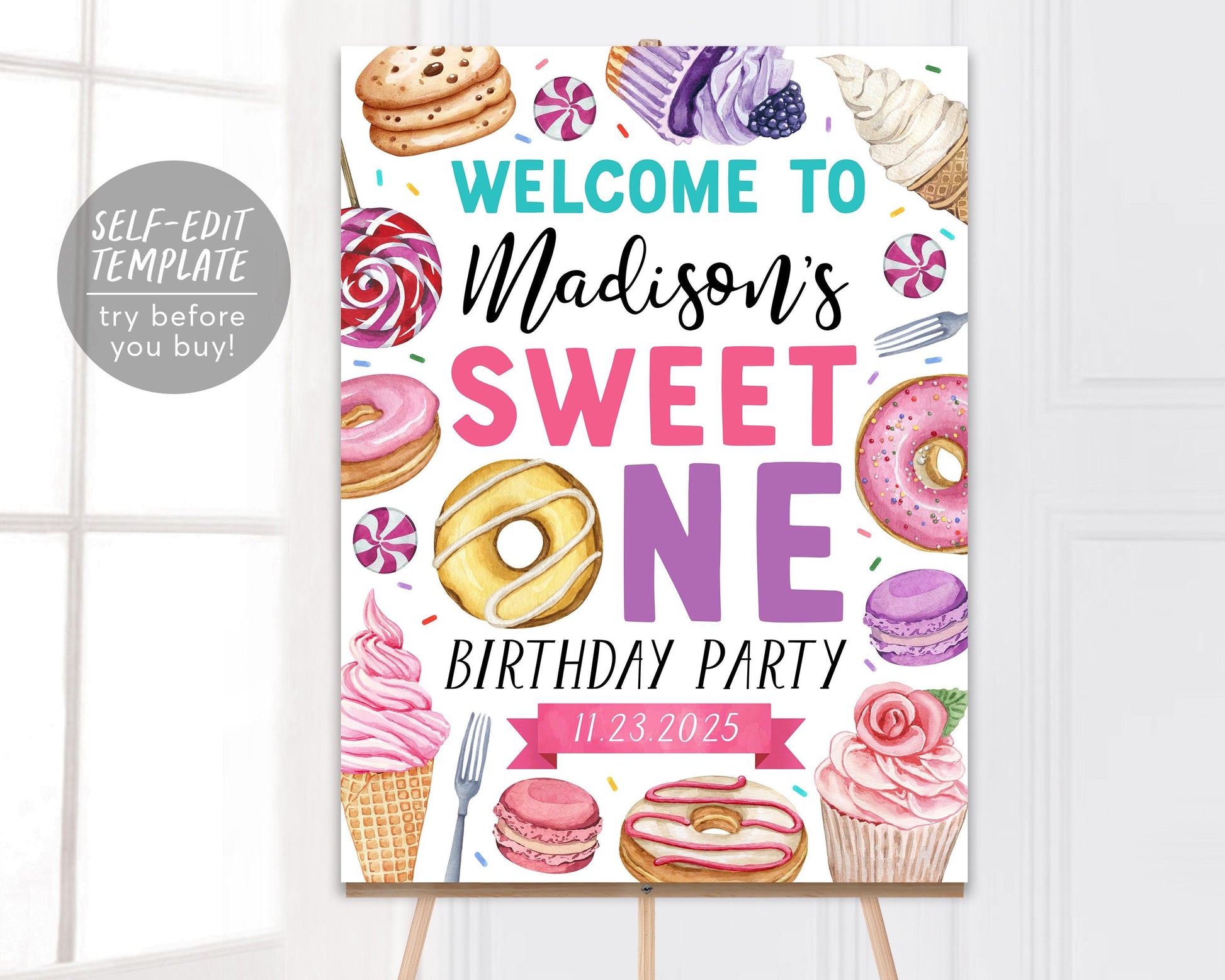 Sweet One Birthday Welcome Sign Editable Template