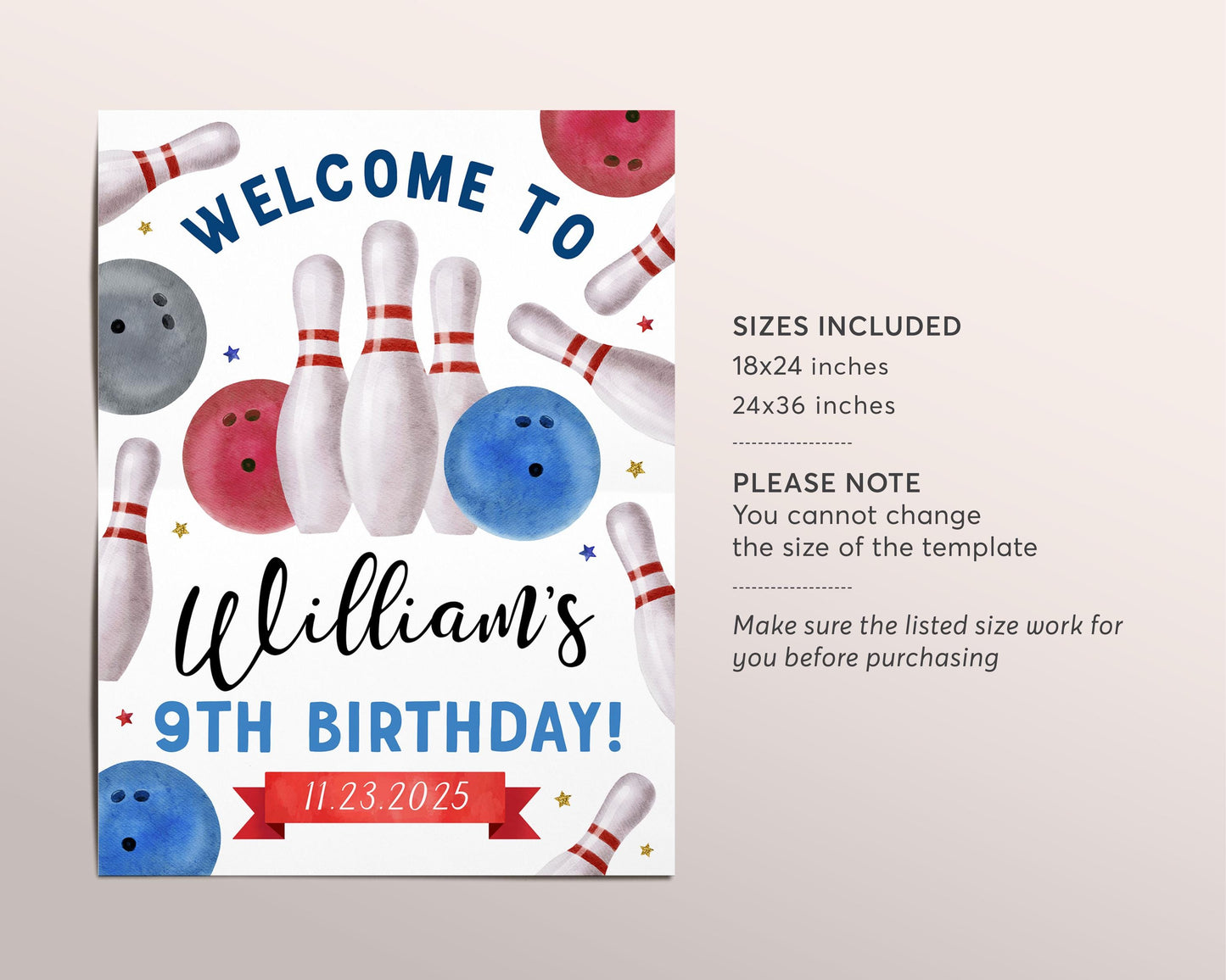 Bowling Birthday Welcome Sign Editable Template, Boy Strike Up Some Fun Bowling Alley Party Poster, Kids Sports Bowling Ball Pin Banner