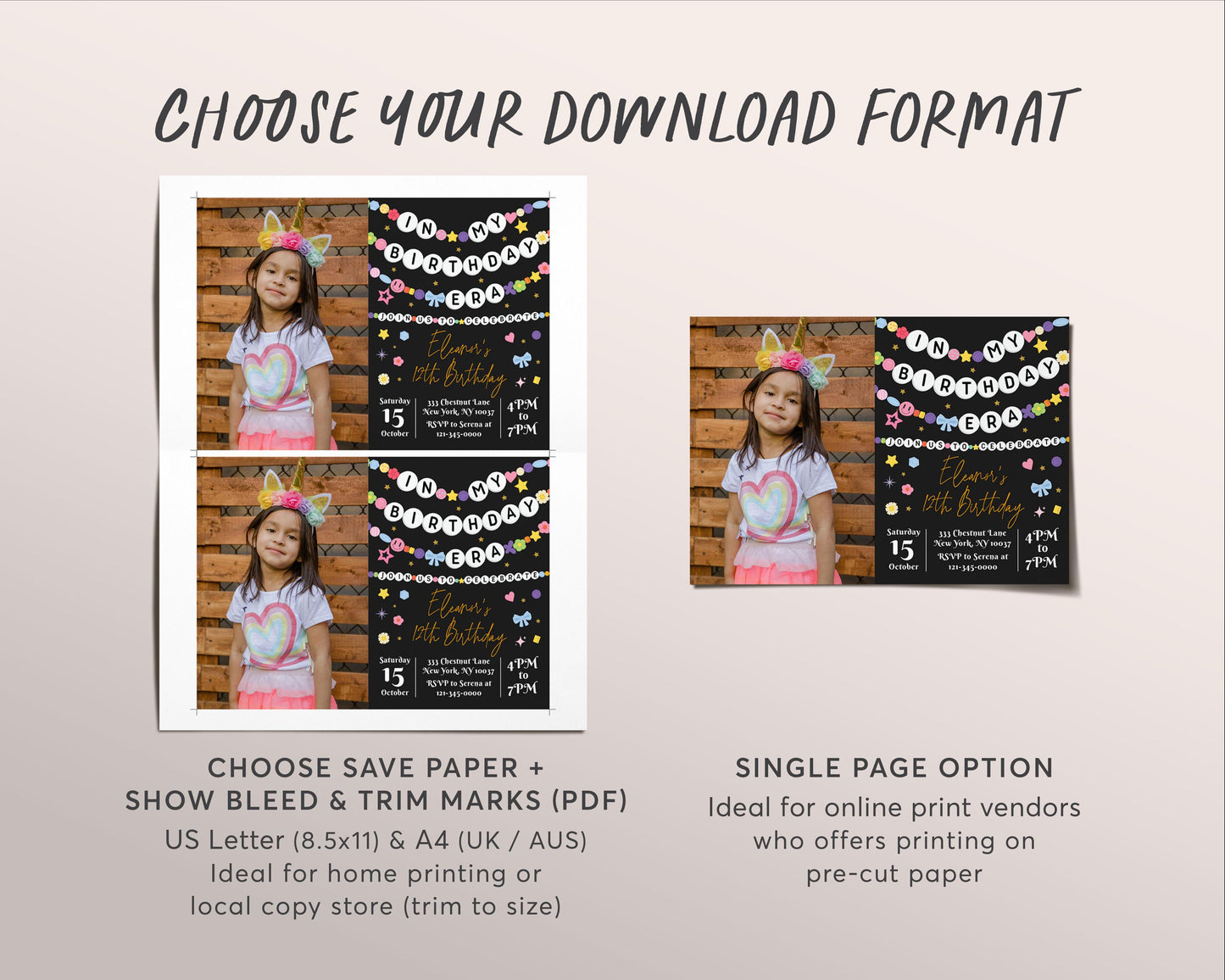 In My Birthday Era With Photo Invitation Editable Template, Friendship Bracelet Party Invite, Kids Tween Girl Eras Music Black Gold Evite