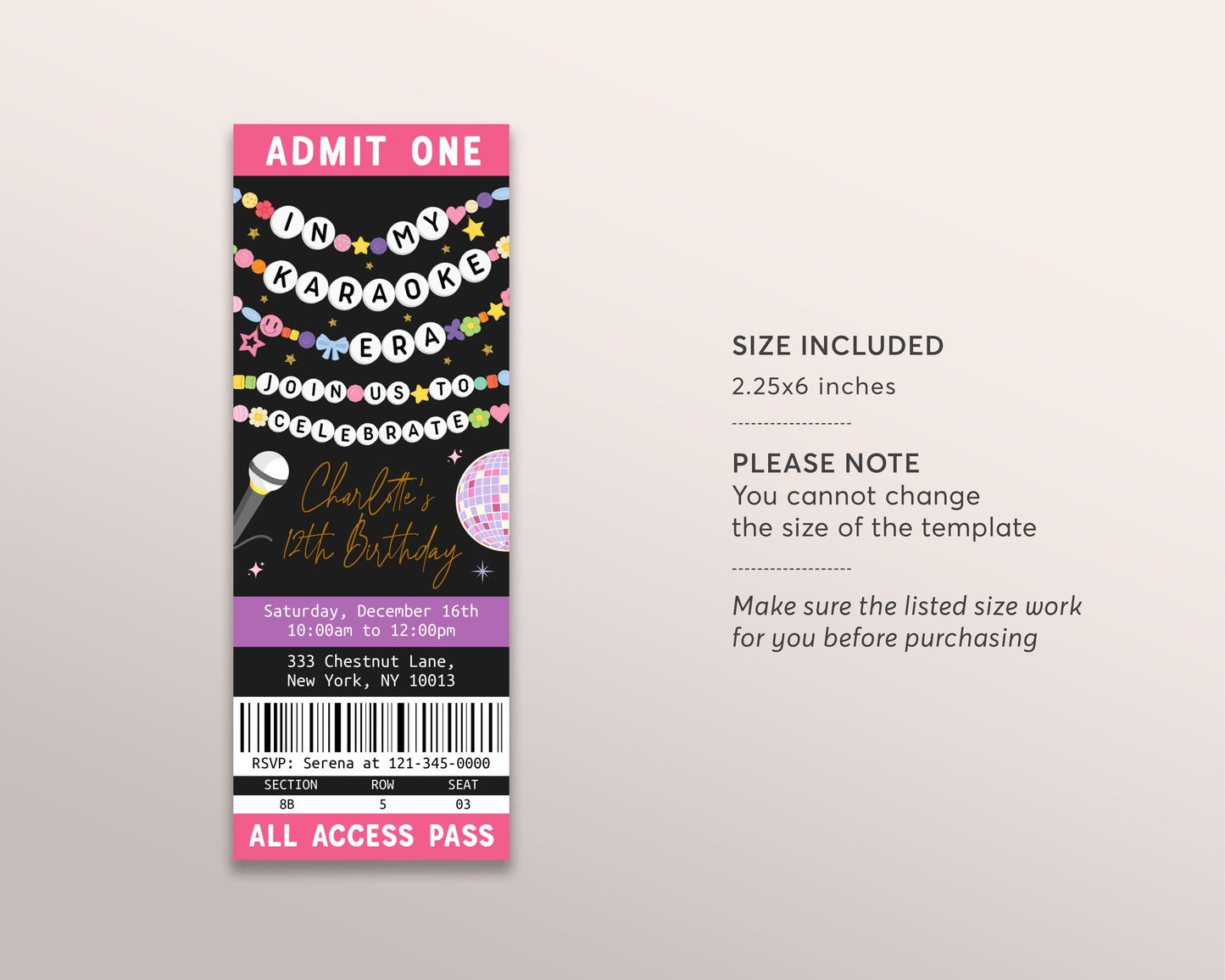 In My Karaoke Era Ticket Invitation Editable Template, Birthday Era Friendship Bracelet Party Invite, Girl Eras Music Tour Disco Party Evite