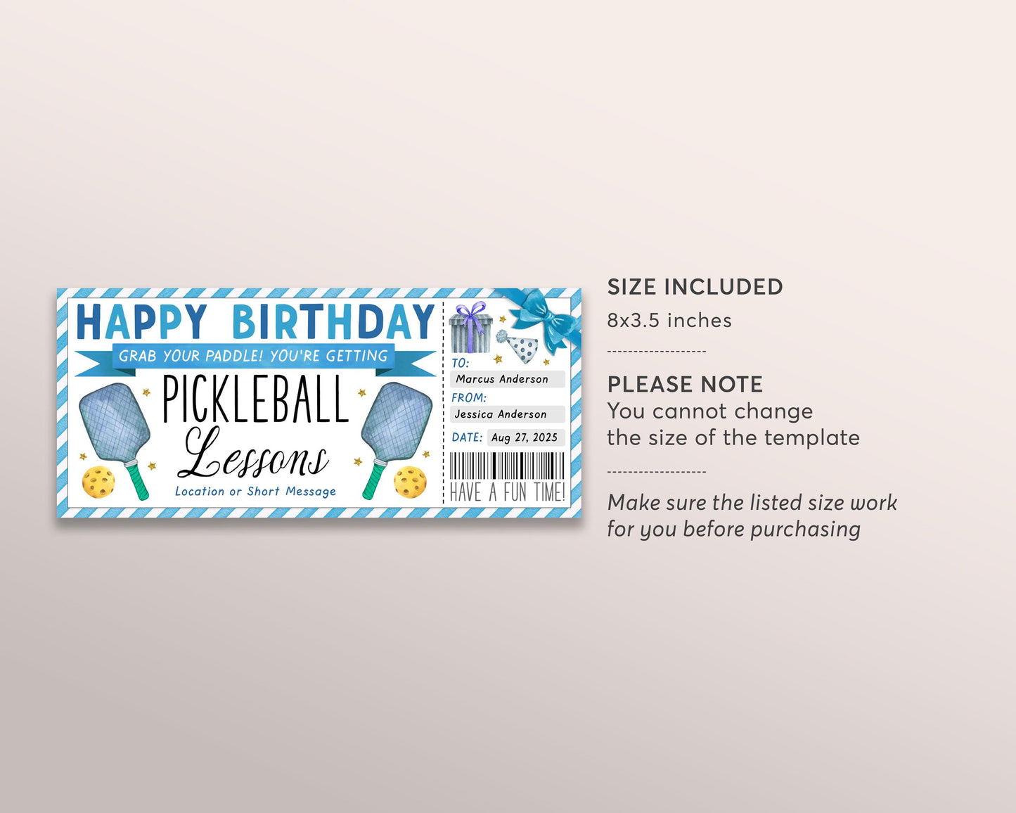 Pickleball Lessons Gift Certificate Editable Template, Birthday Surprise Pickle Ball Classes Voucher, Sports Game Pickleball Lover Gift Idea