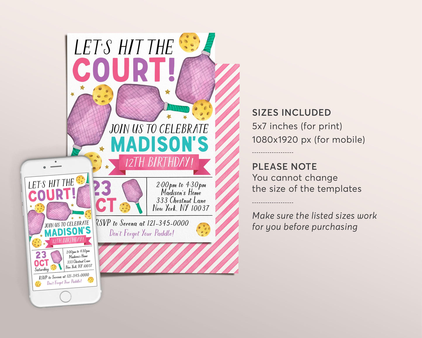 Pickleball Birthday Invitation Editable Template, Girl Lets Hit the Court Theme Party Invite, Sports Pickleball Theme Evite, Let’s Pickle