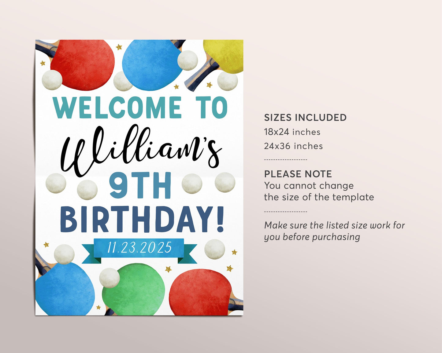 Ping Pong Birthday Welcome Sign Editable Template, Boy Table Tennis Birthday Party Poster, Sports Indoor Tennis Game Match Tournament Poster