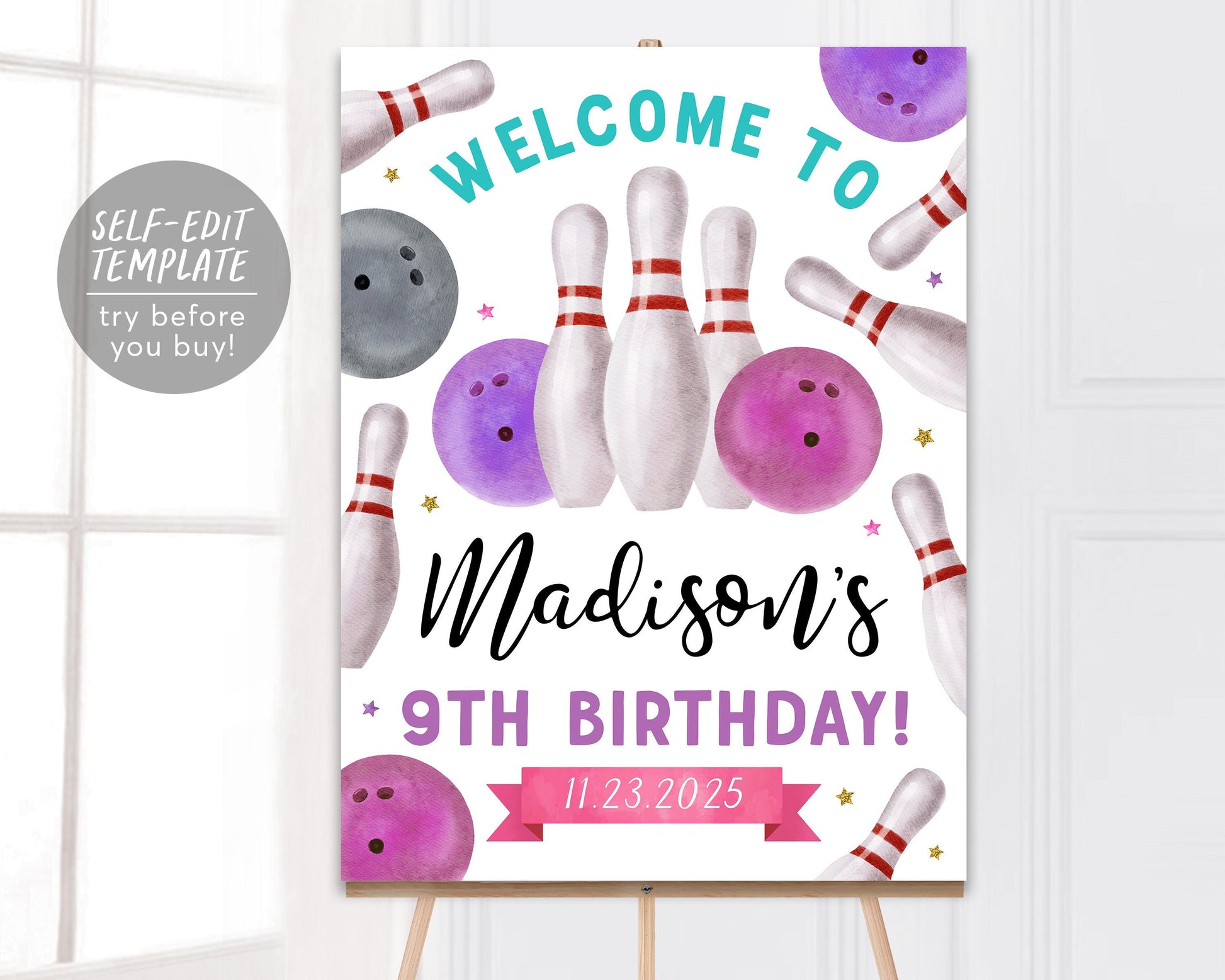 Bowling Birthday Welcome Sign Editable Template